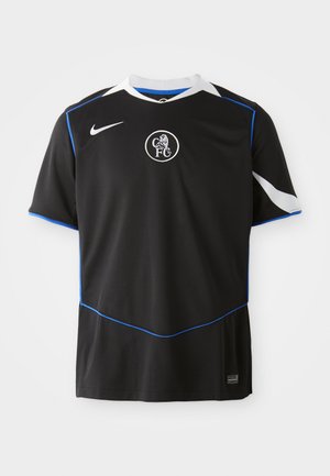 Black soccer jersey with blue accents, white collar, and side panels. Features a circular logo on the chest. Made of breathable material.