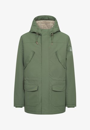 Groene geïsoleerde jas met twee zijzakken, een rits aan de voorkant, een verstelbare capuchon en een zachte, gestructureerde binnenvoering.