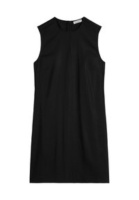 Ärmelloses schwarzes Kleid mit Rundhalsausschnitt, gefertigt aus glattem Stoff, verfügt über zwei seitliche Taschen und einen Reißverschluss auf der Rückseite.