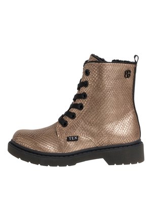 Bottines en bronze texturé avec un motif reptile, lacets noirs et doublure en fourrure noire ; elles sont dotées d'un bout rond et d'une semelle en caoutchouc.