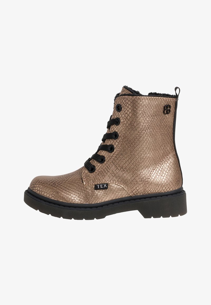 Bottines en bronze texturé avec un motif reptile, lacets noirs et doublure en fourrure noire ; elles sont dotées d'un bout rond et d'une semelle en caoutchouc.