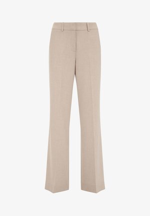 Bežinės plačios kojos kelnės, pagamintos iš tekstūruoto audinio. turi lygią juosmenį ir dvi šonines kišenes, tiesus pjūvis nuo klubų iki apatinės krašto.