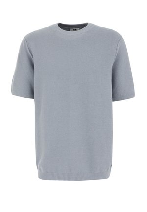 Light blue short-sleeve sweater made of soft knit material; features a classic crew neckline and ribbed hem at the waist and sleeves.