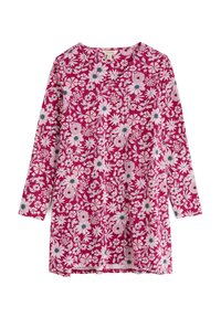 Langärmlige Tunika in Fuchsie mit floralem Muster in Weiß und Blau. Weicher Stoff, runder Ausschnitt und seitliche Schlitze am Saum.