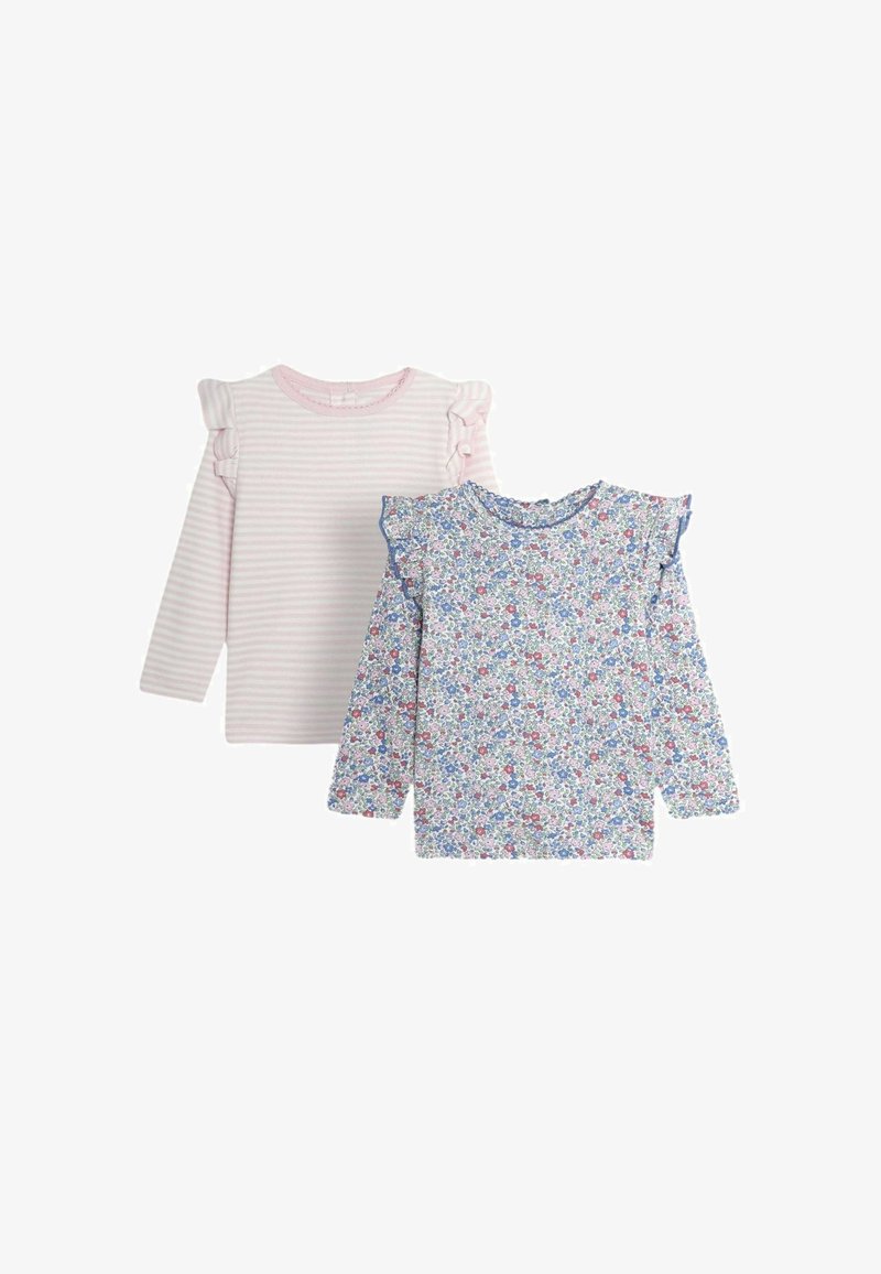 Kaks pikka varrukatoppi: üks roosa triibuline, volangkäistega, teine lillemustriga, volangkaunistuste ja sinise äärepidi. Pehme puuvillane kangas.