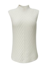 Szydełkowa bluzka bez rękawów w kolorze off-white z wysokim kołnierzem. Posiada diagonalną prążkowaną strukturę i dopasowany krój, gładkie wykończenie.