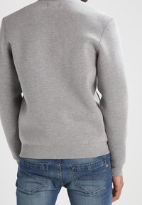 Gray sweatshirt made of soft fabric with a ribbed hem and cuffs, featuring a minimal rear design and a smooth texture, paired with blue jeans.