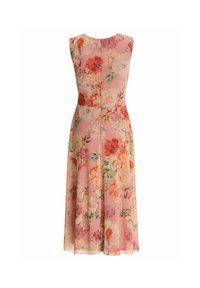 Ärmelloses Midikleid mit pinkem Hintergrund und orange-, creme- und grünem Blumenmuster, taillierter Passform und rundem Ausschnitt.