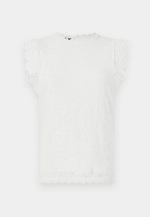White lace top with short, scalloped sleeves, featuring a textured floral pattern and a rounded neckline.