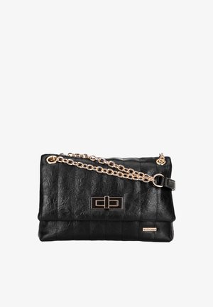 Black leather handbag with quilted texture, gold chain strap, and a structured rectangular shape. Features a decorative clasp and brand logo.