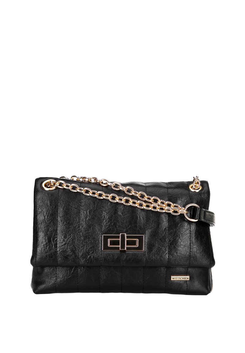 Black leather handbag with quilted texture, gold chain strap, and a structured rectangular shape. Features a decorative clasp and brand logo.