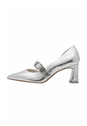 Silver high-heeled shoe with a pointed toe, buckle strap detail, smooth metallic finish, and a chunky heel design.