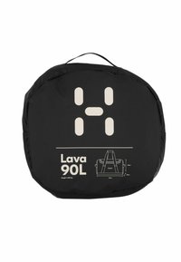Borsa da viaggio nera con testo bianco; presenta dimensioni e peso. Design semplice con un manico centrale per la portabilità.