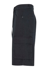 Black cargo shorts made of sturdy fabric, featuring a side pocket, adjustable waist, and a knee-length cut. Smooth texture with minimal stitching.