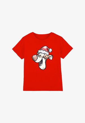 Red short-sleeve shirt with a cartoon dog's face wearing a Santa hat printed in the center.