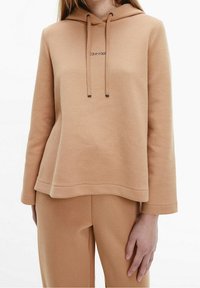 Sweat-shirt beige à capuche avec une coupe décontractée, doté de cordons de serrage et d'un logo sur la poitrine. Tissu doux et design simple.