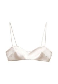 Satynowy bralet w jasnym odcieniu kości słoniowej, z cienkimi ramiączkami, strukturalnym fasonem oraz delikatnym kształtem litery V z przodu, o gładkiej fakturze.