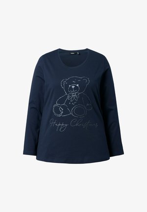 Maglietta a maniche lunghe blu navy con un'illustrazione in outline grigio di un orsacchiotto con un papillon e il testo "Buon Natale" sottostante.