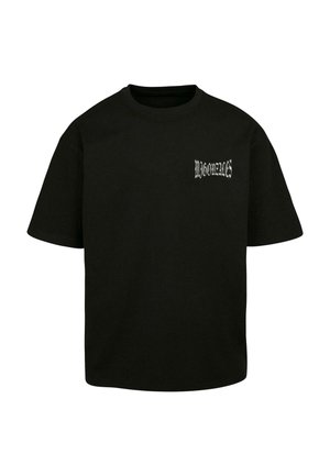 T-shirt en coton noir à manches courtes, avec un texte graphique blanc sur la partie gauche de la poitrine et un col rond.