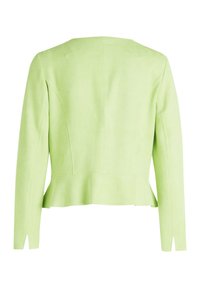 Kurtka peplum w jasnozielonym kolorze, wykonana z miękkiej tkaniny. Posiada długie rękawy, prosty krój oraz dopasowane szwy dla lepszej struktury.