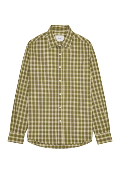 Grün karierte Button-Up-Bluse mit klassischem Kragen, langen Ärmeln und abgerundetem Saum. Verfügt über weiße Knöpfe und einen weichen, strukturierten Stoff.