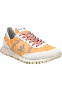Orange and white sneaker featuring a smooth synthetic upper, pink laces, and a textured rubber sole with light branding and detailing.