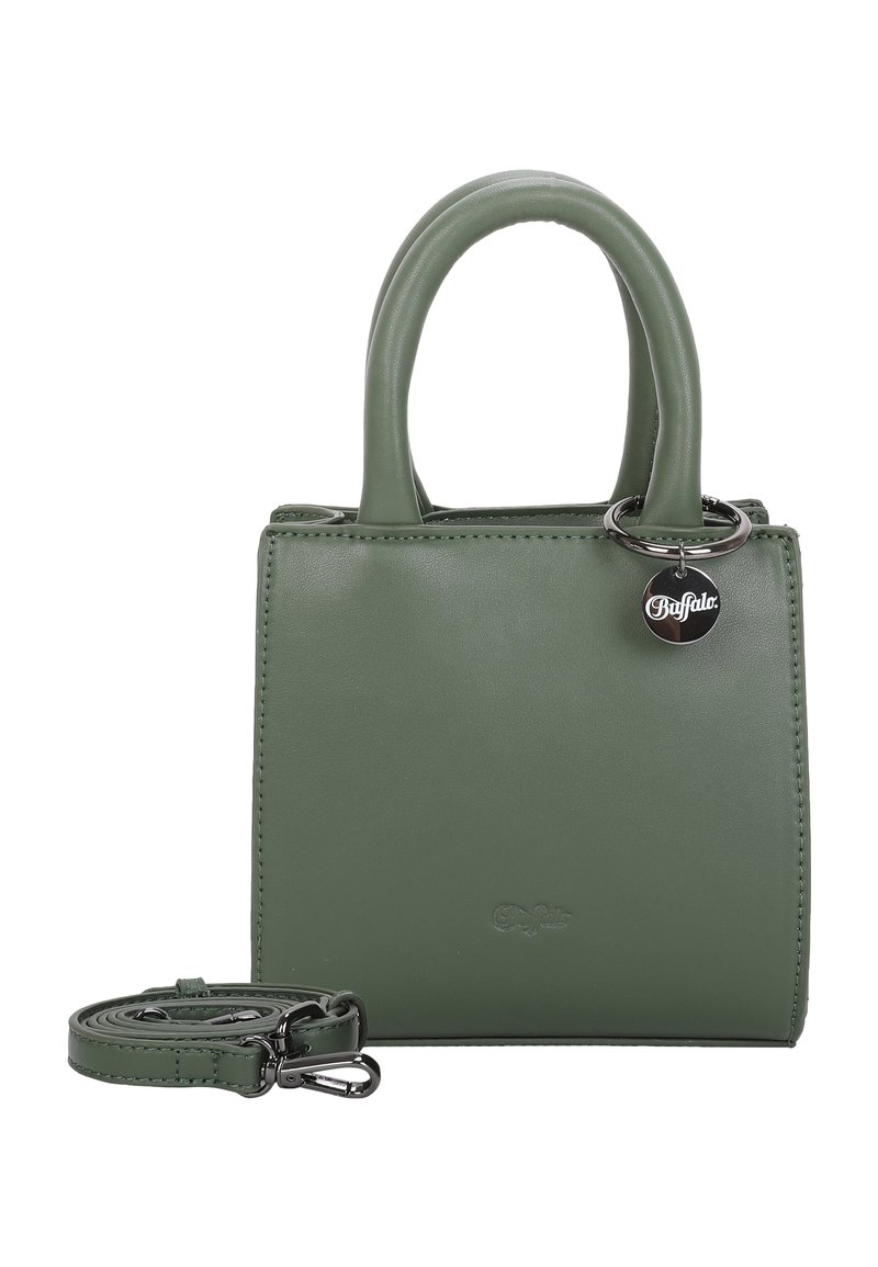 Sac à main en cuir synthétique vert avec des poignées arrondies, une bandoulière amovible et une étiquette logo en métal. Texture lisse et design minimaliste.
