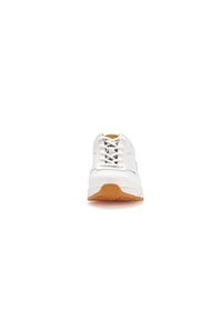 White sneaker with a textured fabric upper, lace closure, and brown rubber sole. Features a padded collar and subtle side accents.