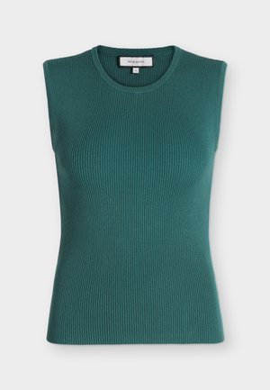 Ærmeløs ribstrikket top i mørk teal med rund halsudskæring og tætsiddende silhuet.