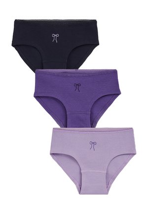 Trois slips en coton côtelé pour femmes en noir, violet foncé et violet clair, chacun avec un petit nœud au centre de la ceinture avant.