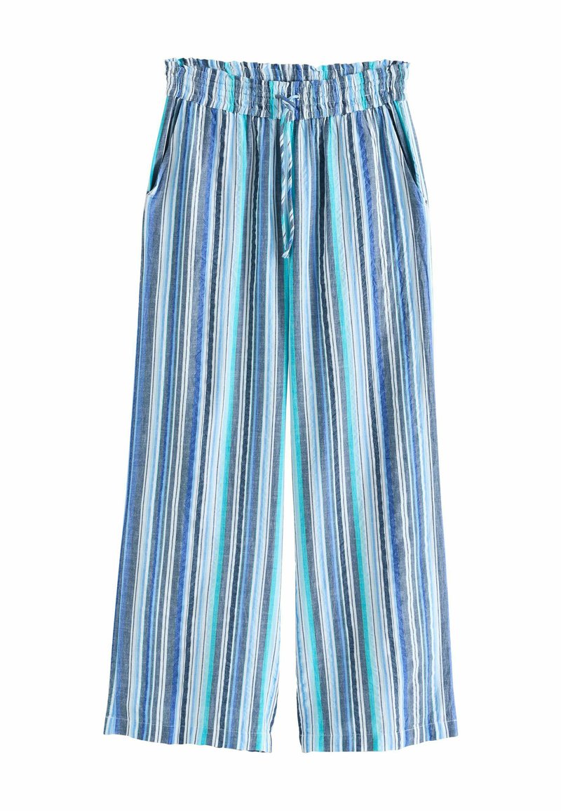 Pantaloni a gamba larga con vita arricciata e coulisse. Presentano righe verticali in tonalità di blu, verde acqua e bianco. Tessuto leggero e traspirante.