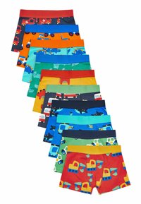 Sæt af ti boxershorts med forskellige farver og mønstre, herunder lastbiler, dinosaurer og byggepladskøretøjer. Blødt bomuldsstof.