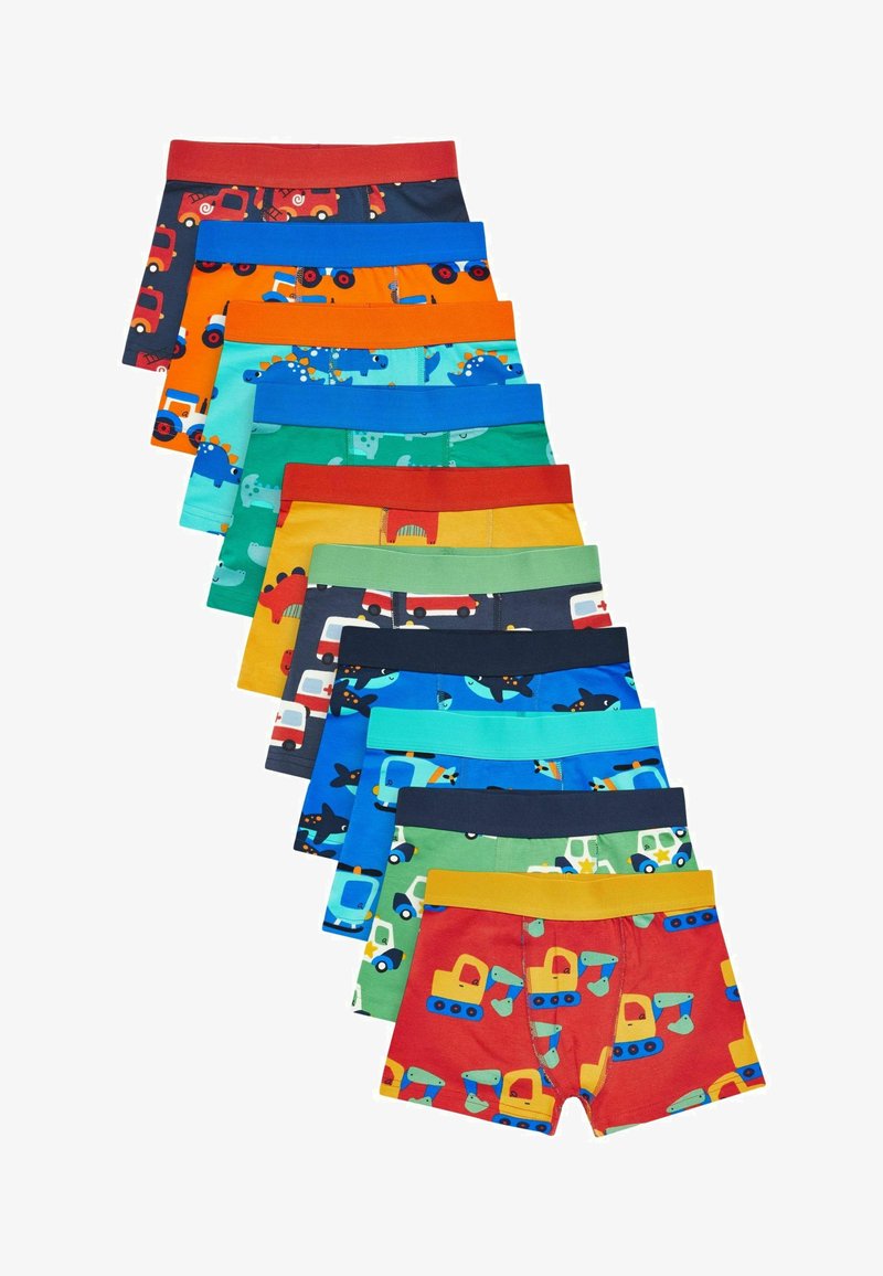 Set mit zehn Boxershorts in verschiedenen Farben und Mustern, darunter Lastwagen, Dinosaurier und Baustellenfahrzeuge. Aus weichem Baumwollmaterial.