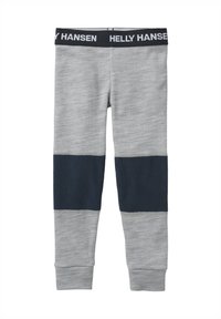Šedé legíny s jemnou texturou, které mají námořnickou modrou pásku přes střed nohou a černý elastický pas s logem "Helly Hansen".