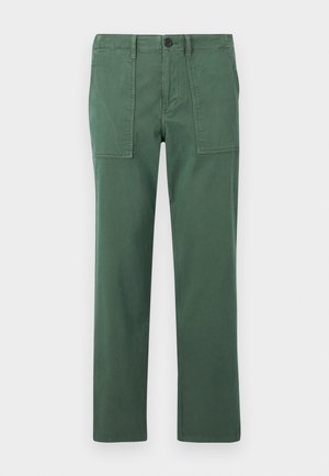 Green cotton trousers with a straight leg design, featuring two front pockets and a button closure. Smooth texture and casual style.