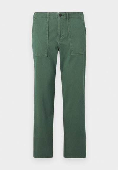 Green cotton trousers with a straight leg design, featuring two front pockets and a button closure. Smooth texture and casual style.