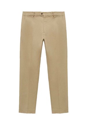 Pantalon beige en tissu lisse, présentant un devant plat, deux poches latérales et une fermeture à un bouton à la taille.