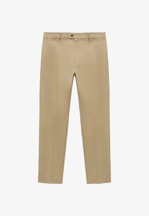 Beige Hosen aus glattem Stoff, mit flachem Vorderteil, zwei Seitentaschen und einem einzigen Knopfverschluss am Bund.