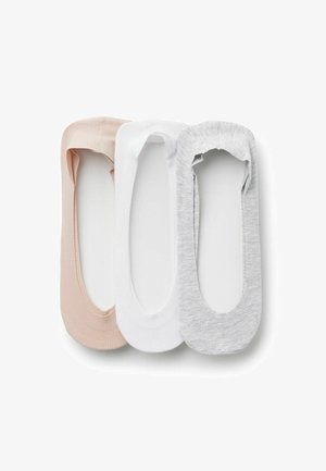 Tres pares de calcetines de algodón de corte bajo en rosa claro, blanco y gris jaspeado. Cada uno cuenta con una punta redondeada y un borde elástico para un ajuste seguro.