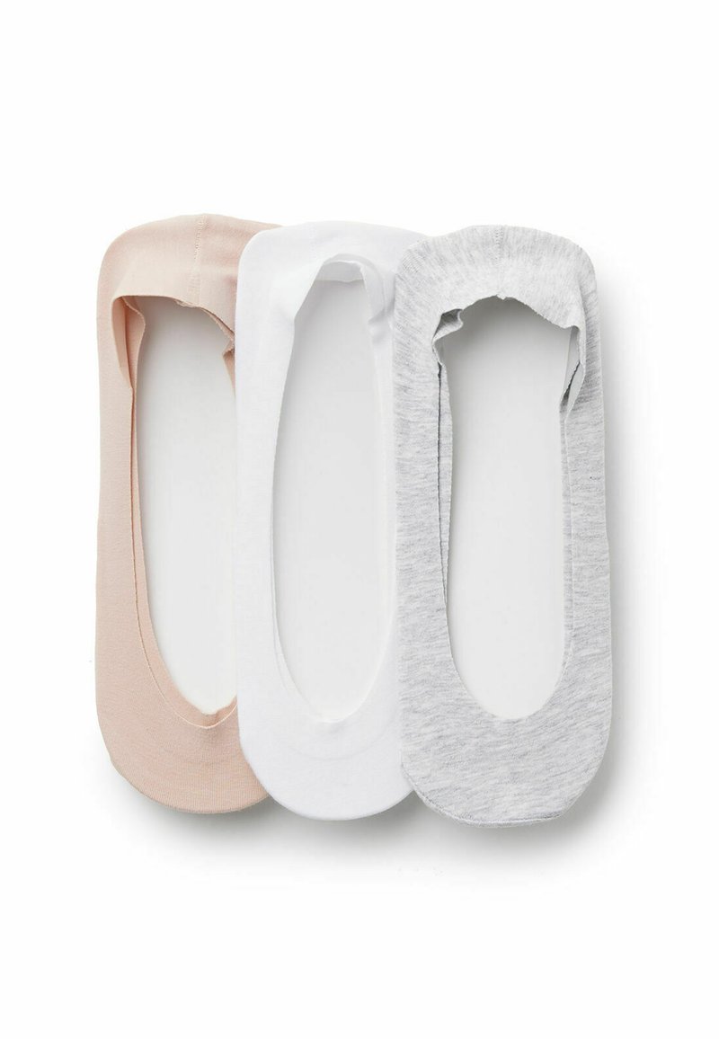 Tres pares de calcetines de algodón de corte bajo en rosa claro, blanco y gris jaspeado. Cada uno cuenta con una punta redondeada y un borde elástico para un ajuste seguro.