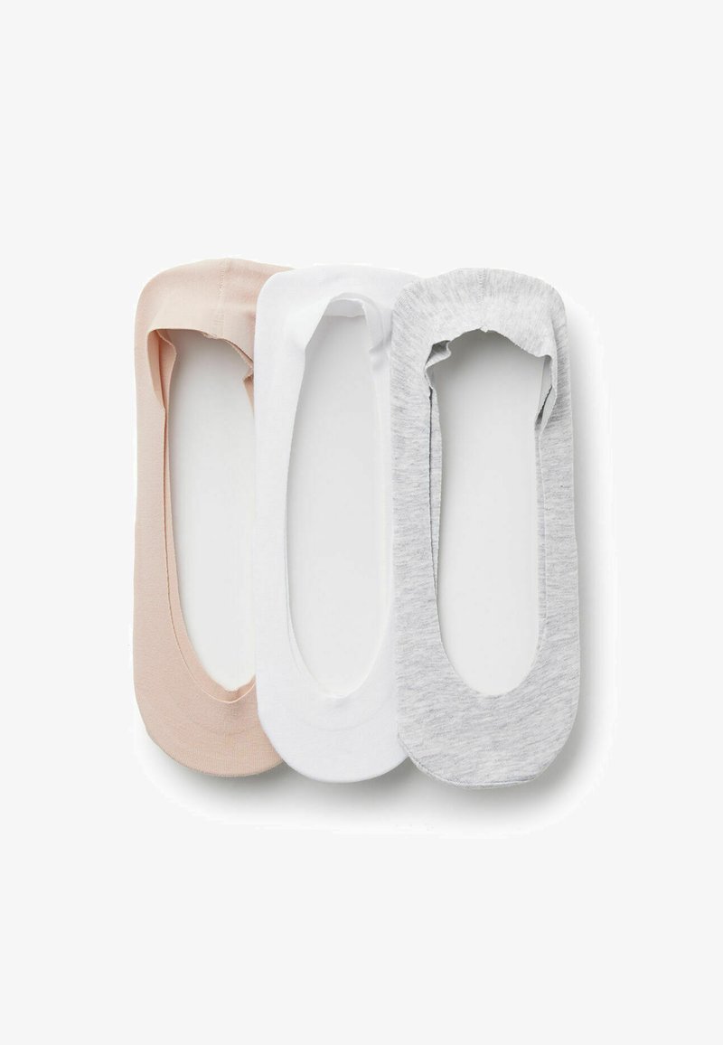 Tres pares de calcetines de algodón de corte bajo en rosa claro, blanco y gris jaspeado. Cada uno cuenta con una punta redondeada y un borde elástico para un ajuste seguro.