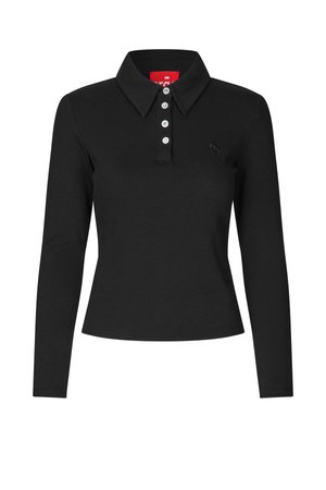 Schwarzes Langarm-Polohemd mit enganliegendem Design, gerippter Textur und einem Kragen-Ausschnitt mit fünf Knöpfen und einem kleinen Logo.