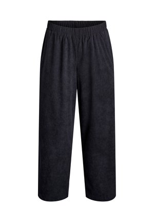 Schwarze, leichte Hose mit einem elastischen Bund, die ein entspanntes, weites Bein-Design und einen weichen, strukturierten Stoff aufweist.