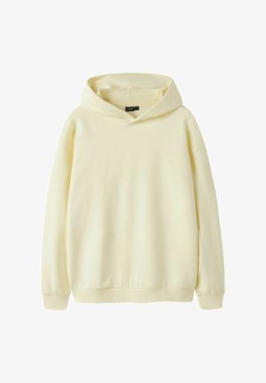 Kremasta majica s kapuco z dolgimi rokavi, rebrastimi manšetami in kapuco, prikazana na belem ozadju.