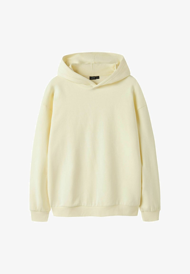 Kreemivärvi ühetooniline kapuutsiga dressipluus, millel on pikad varrukad, soonikkoes mansetid ja kapuuts, valgel taustal kuvatud.