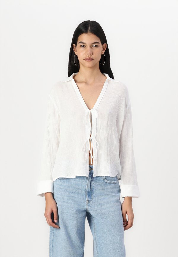 Long-Sleeve Oversized Tie-Front Gauzy Shirt - Blouse
