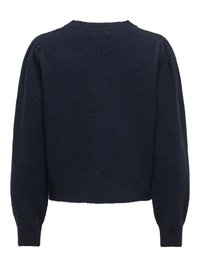 Ciemnogranatowy sweter dziany z długim rękawem, z bufiastymi ramionami oraz ściągaczami na mankietach i u dołu, pokazany od tyłu.