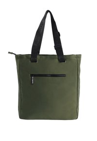 Bolsa tote de nailon verde con correas ajustables negras, bolsillo con cremallera en la parte frontal y costuras reforzadas en los bordes superiores.