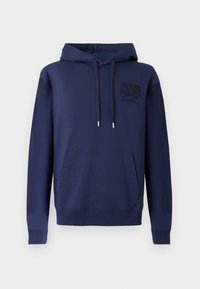 Navy blue hooded sweatshirt made of soft cotton, featuring a kangaroo pocket, drawstring hood, and embroidered logo detail.