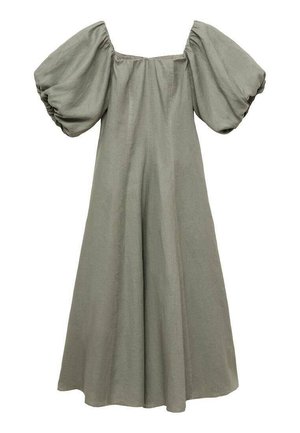 Green linen dress with puffed sleeves and a square neckline. Flowing A-line silhouette with a textured finish and no visible hardware.